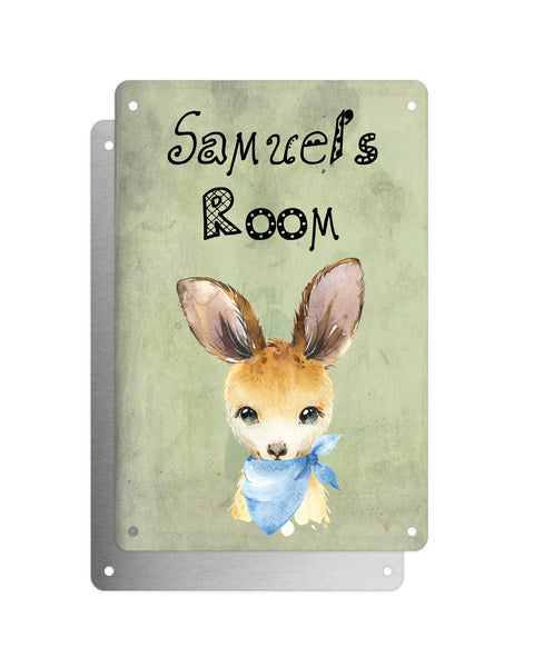 Cute Animal Personalised Name Plaque – Baby Kangaroo With Blue Neck Tie | Vintage-Style Green Aluminium Sign for Kids’ Room