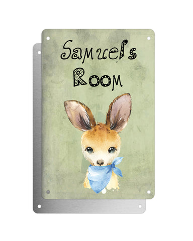 Cute Animal Personalised Name Plaque – Baby Kangaroo With Blue Neck Tie | Vintage-Style Green Aluminium Sign for Kids’ Room