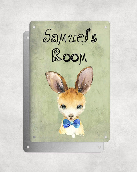Cute Animal Personalised Name Plaque – Baby Kangaroo With Blue Bow Tie | Vintage-Style Green Aluminium Sign for Kids’ Room
