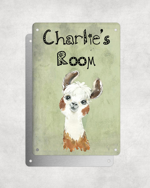 Cute Animal Personalised Name Plaque – Funny Llama Big Ears | Vintage-Style Green Aluminium Sign for Kids’ Room