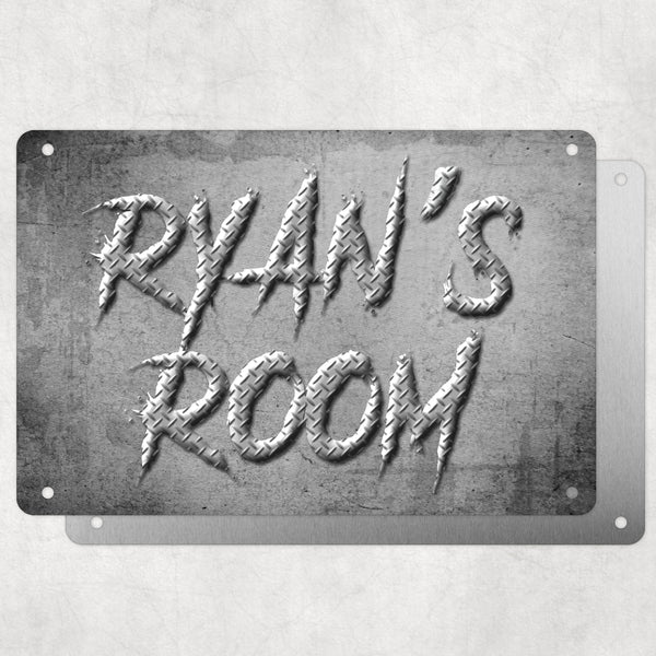 Boys Personalised Bedroom Name Plaque – Aluminium Metal Sign | Steel-Look Slash Font | Gift for Him