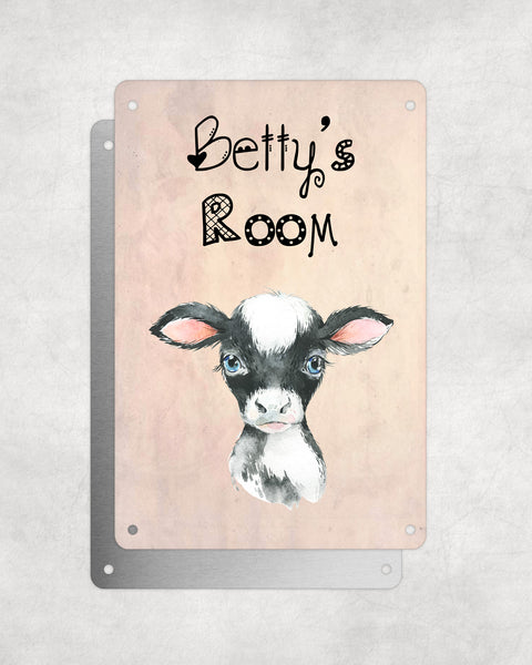 Cute Animal Personalised Name Plaque – Baby Cow | Vintage-Style Aluminium Sign for Kids’ Room