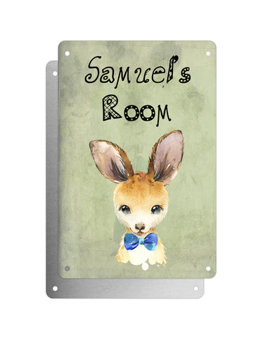 Cute Animal Personalised Name Plaque – Baby Kangaroo With Blue Bow Tie | Vintage-Style Green Aluminium Sign for Kids’ Room