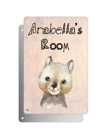 Cute Animal Personalised Name Plaque – Baby Wombat | Vintage-Style Aluminium Sign for Kids’ Room