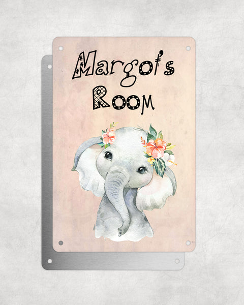 Cute Animal Personalised Name Plaque – Baby Elephant With Flowers | Vintage-Style Aluminium Sign for Kids’ Room
