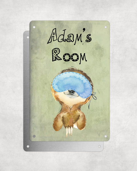 Cute Animal Personalised Name Plaque – Little Sloth With Sleep Mask | Vintage-Style Green Aluminium Sign for Kids’ Room