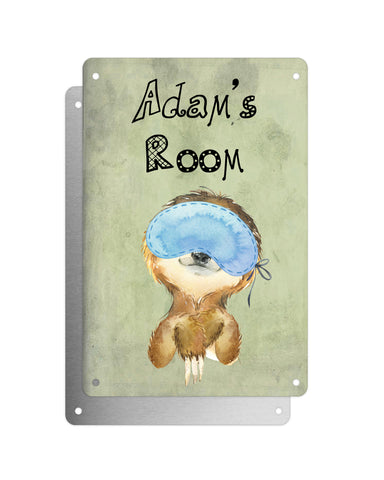 Cute Animal Personalised Name Plaque – Little Sloth With Sleep Mask | Vintage-Style Green Aluminium Sign for Kids’ Room