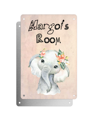 Cute Animal Personalised Name Plaque – Baby Elephant With Flowers | Vintage-Style Aluminium Sign for Kids’ Room