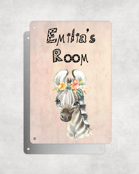 Cute Animal Personalised Name Plaque – Baby Zebra With Flowers | Vintage-Style Aluminium Sign for Kids’ Room