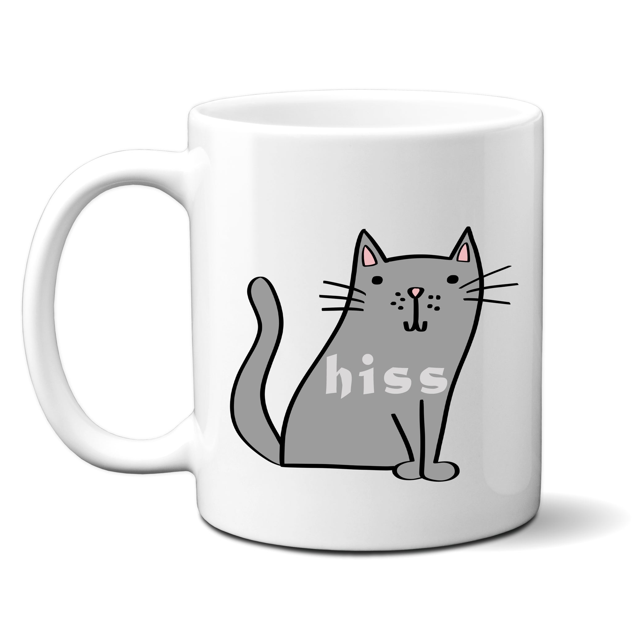 Hiss, Funny Birthday Gift with Grey Cat Design, Personalised Mug