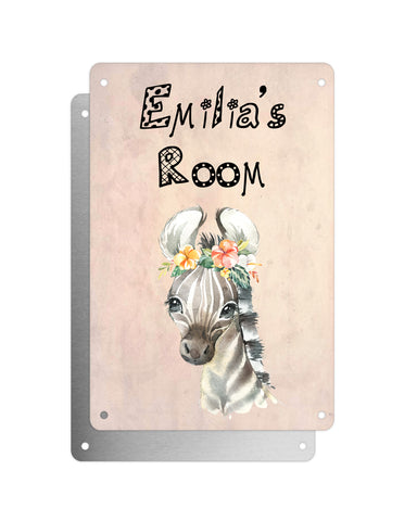 Cute Animal Personalised Name Plaque – Baby Zebra With Flowers | Vintage-Style Aluminium Sign for Kids’ Room