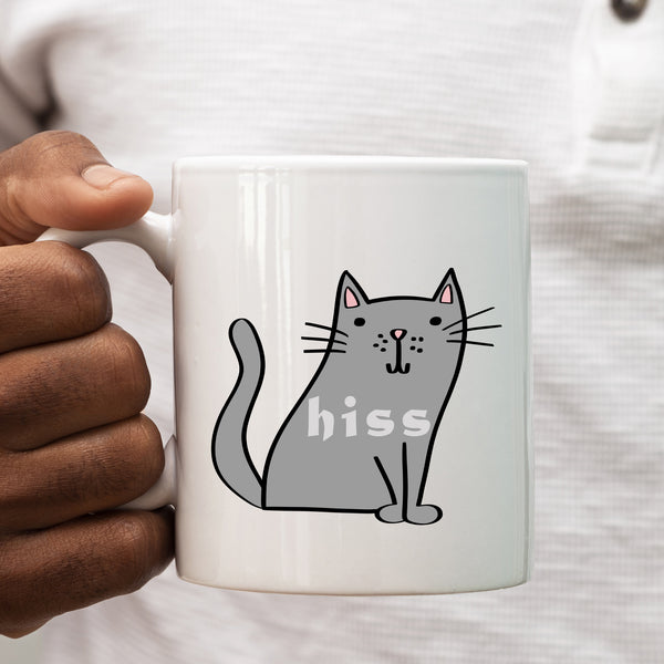 Hiss, Funny Birthday Gift with Grey Cat Design, Personalised Mug