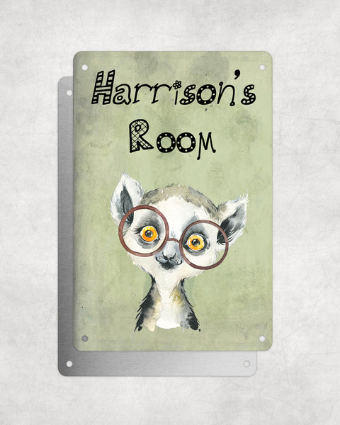 Cute Animal Personalised Name Plaque – Baby Lemur With Brown Glasses | Vintage-Style Green Aluminium Sign for Kids’ Room