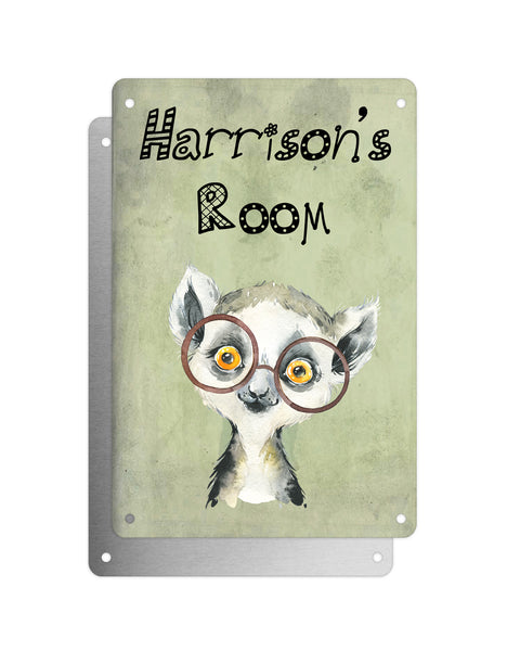 Cute Animal Personalised Name Plaque – Baby Lemur With Brown Glasses | Vintage-Style Green Aluminium Sign for Kids’ Room