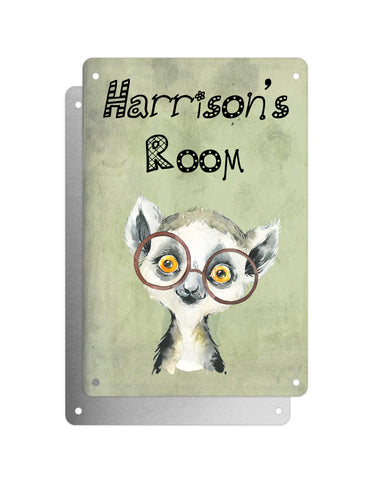 Cute Animal Personalised Name Plaque – Baby Lemur With Brown Glasses | Vintage-Style Green Aluminium Sign for Kids’ Room
