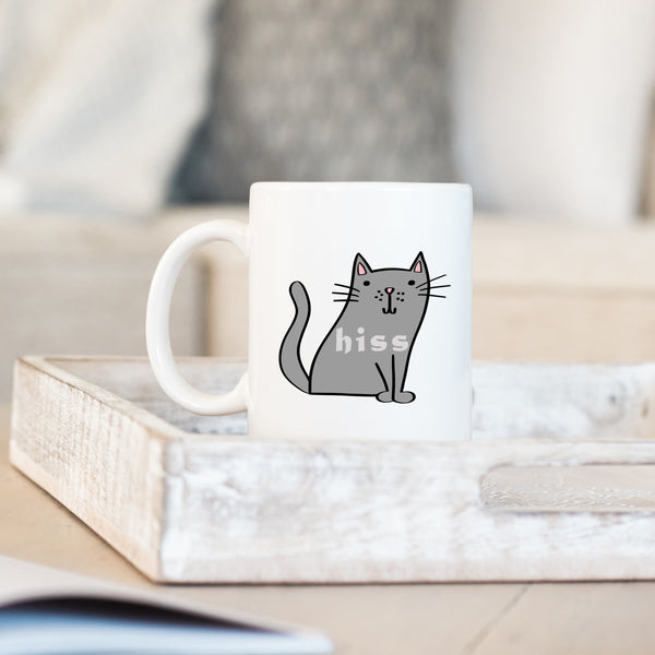 Hiss, Funny Birthday Gift with Grey Cat Design, Personalised Mug