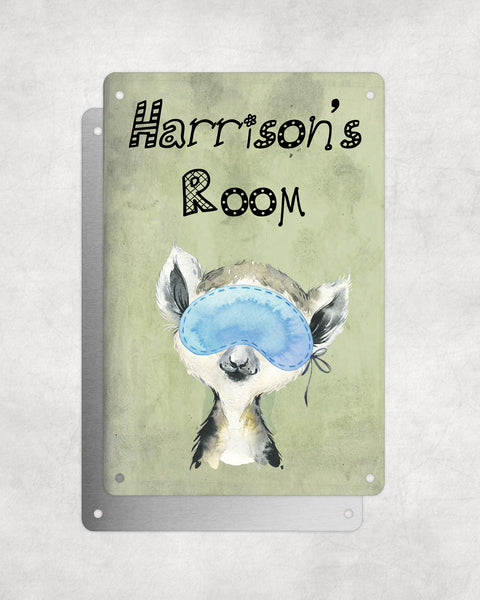 Cute Animal Personalised Name Plaque – Baby Lemur With Sleep Mask | Vintage-Style Green Aluminium Sign for Kids’ Room