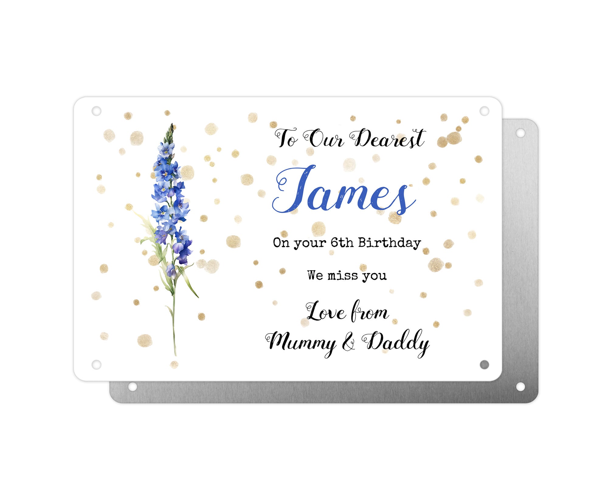 Personalised Graveside Plaque, Aluminium Bereavement Sheet, Metal Sign, Blue Delphinium Remembrance Gift
