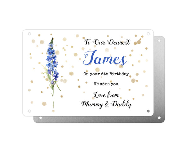 Personalised Graveside Plaque, Aluminium Bereavement Sheet, Metal Sign, Blue Delphinium Remembrance Gift