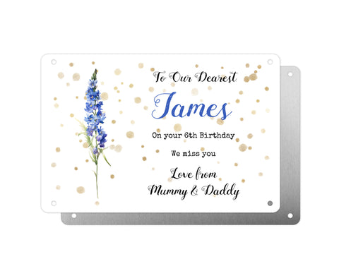 Personalised Graveside Plaque, Aluminium Bereavement Sheet, Metal Sign, Blue Delphinium Remembrance Gift
