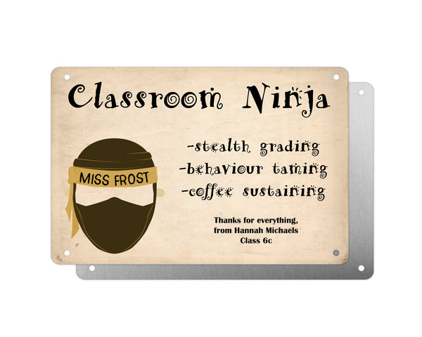Personalised Teacher Tribute Aluminium Plaque – 'Classroom Ninja', Leaving Gift