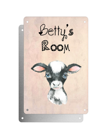 Cute Animal Personalised Name Plaque – Baby Cow | Vintage-Style Aluminium Sign for Kids’ Room