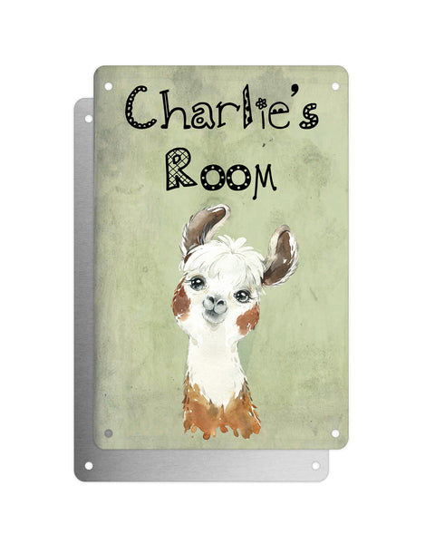 Cute Animal Personalised Name Plaque – Funny Llama Big Ears | Vintage-Style Green Aluminium Sign for Kids’ Room