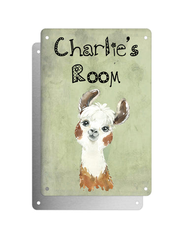 Cute Animal Personalised Name Plaque – Funny Llama Big Ears | Vintage-Style Green Aluminium Sign for Kids’ Room