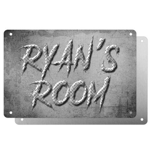 Boys Personalised Bedroom Name Plaque – Aluminium Metal Sign | Steel-Look Slash Font | Gift for Him
