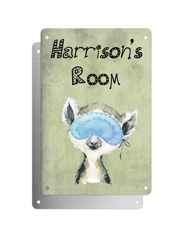 Cute Animal Personalised Name Plaque – Baby Lemur With Sleep Mask | Vintage-Style Green Aluminium Sign for Kids’ Room