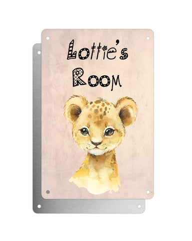 Cute Animal Personalised Name Plaque – Baby Lion | Vintage-Style Aluminium Sign for Kids’ Room