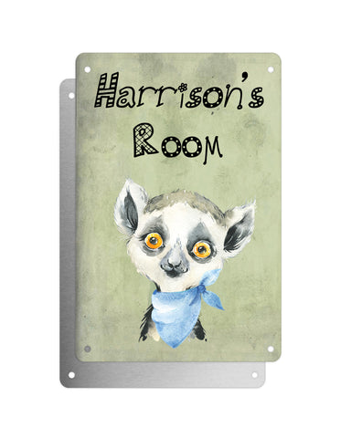 Cute Animal Personalised Name Plaque – Baby Lemur With Blue Neck Tie | Vintage-Style Green Aluminium Sign for Kids’ Room