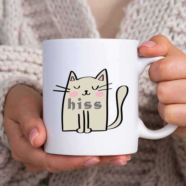 Hiss, Funny Birthday Gift with Cream Cat Design, Personalised Mug