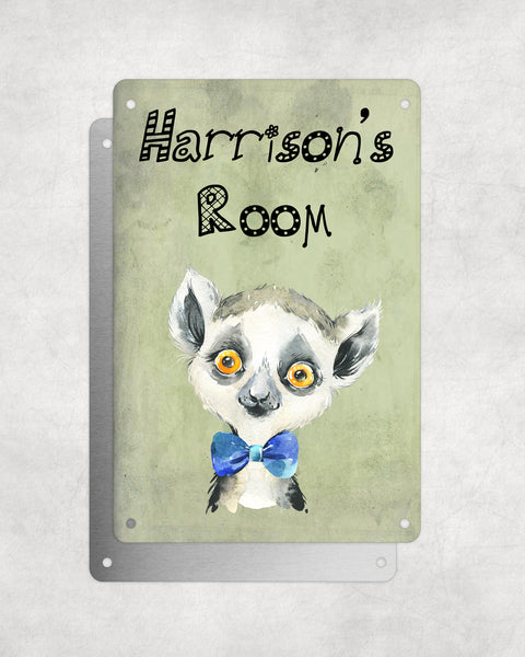 Cute Animal Personalised Name Plaque – Baby Lemur With Blue Bow Tie | Vintage-Style Green Aluminium Sign for Kids’ Room