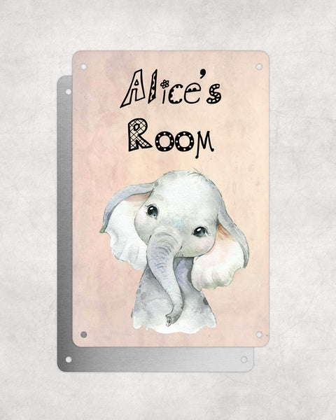 Cute Animal Personalised Name Plaque – Baby Elephant | Vintage-Style Aluminium Sign for Kids’ Room