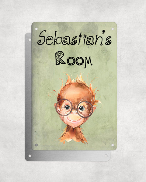 Cute Animal Personalised Name Plaque – Baby Orangutan With Brown Glasses | Vintage-Style Green Aluminium Sign for Kids’ Room
