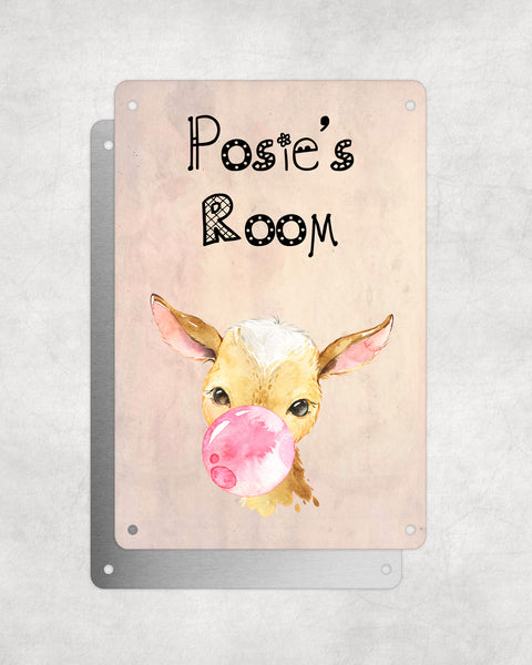 Cute Animal Personalised Name Plaque – Baby Goat With Bubblegum | Vintage-Style Aluminium Sign for Kids’ Room