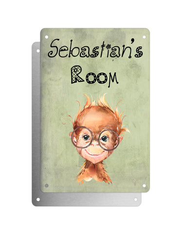 Cute Animal Personalised Name Plaque – Baby Orangutan With Brown Glasses | Vintage-Style Green Aluminium Sign for Kids’ Room