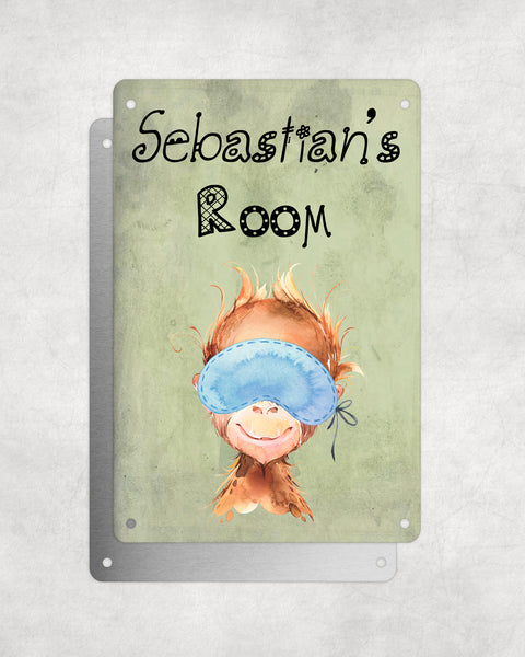Cute Animal Personalised Name Plaque – Baby Orangutan With Sleep Mask | Vintage-Style Green Aluminium Sign for Kids’ Room