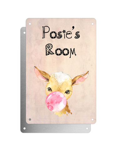 Cute Animal Personalised Name Plaque – Baby Goat With Bubblegum | Vintage-Style Aluminium Sign for Kids’ Room