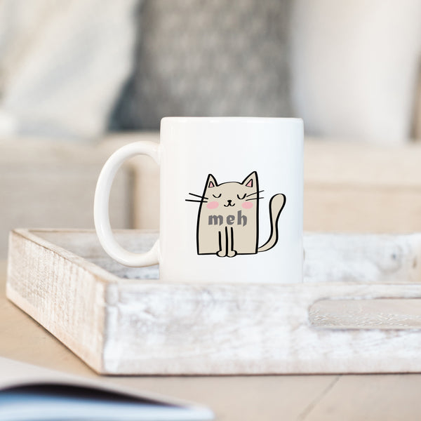 Meh, Funny Birthday Gift with Cream Cat Design, Personalised Mug