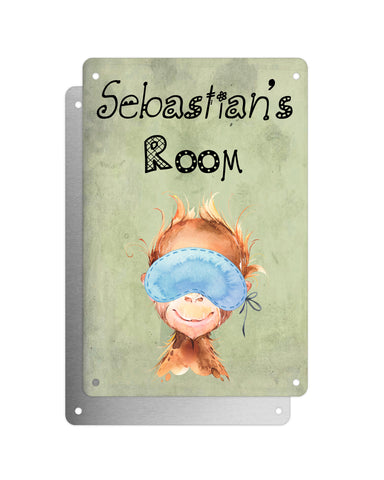 Cute Animal Personalised Name Plaque – Baby Orangutan With Sleep Mask | Vintage-Style Green Aluminium Sign for Kids’ Room