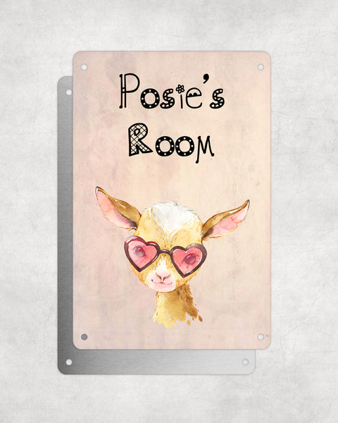 Cute Animal Personalised Name Plaque – Baby Goat With Heart Glasses | Vintage-Style Aluminium Sign for Kids’ Room