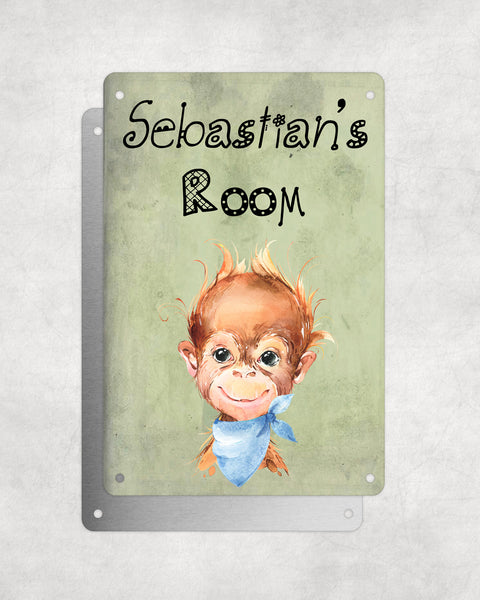 Cute Animal Personalised Name Plaque – Baby Orangutan With Blue Neck Tie | Vintage-Style Green Aluminium Sign for Kids’ Room