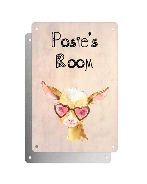 Cute Animal Personalised Name Plaque – Baby Goat With Heart Glasses | Vintage-Style Aluminium Sign for Kids’ Room