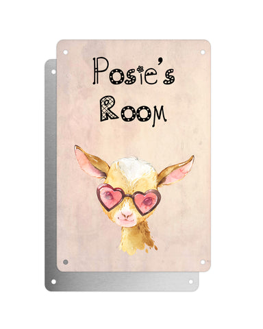 Cute Animal Personalised Name Plaque – Baby Goat With Heart Glasses | Vintage-Style Aluminium Sign for Kids’ Room