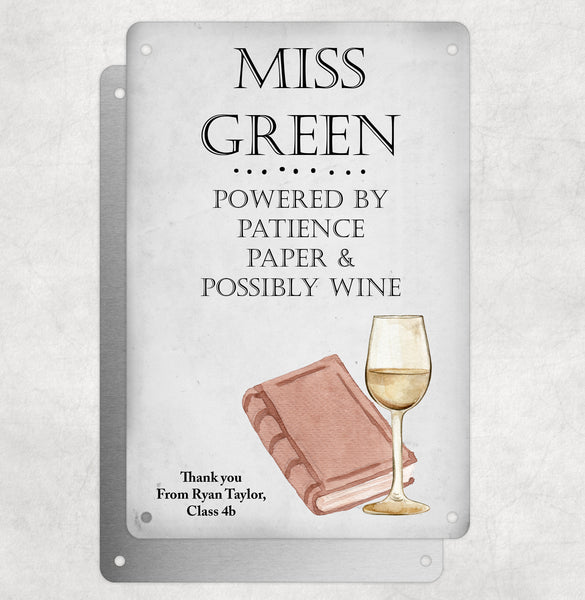 Personalised Teacher Tribute Aluminium Plaque – 'Powered By Patience Paper & Possibly Wine' With Coffee Mug Graphic, Leaving Gift