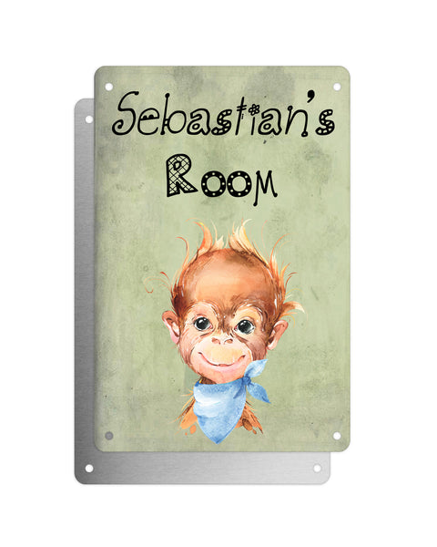 Cute Animal Personalised Name Plaque – Baby Orangutan With Blue Neck Tie | Vintage-Style Green Aluminium Sign for Kids’ Room