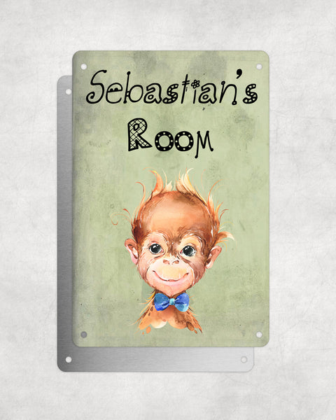 Cute Animal Personalised Name Plaque – Baby Orangutan With Blue Bow Tie | Vintage-Style Green Aluminium Sign for Kids’ Room