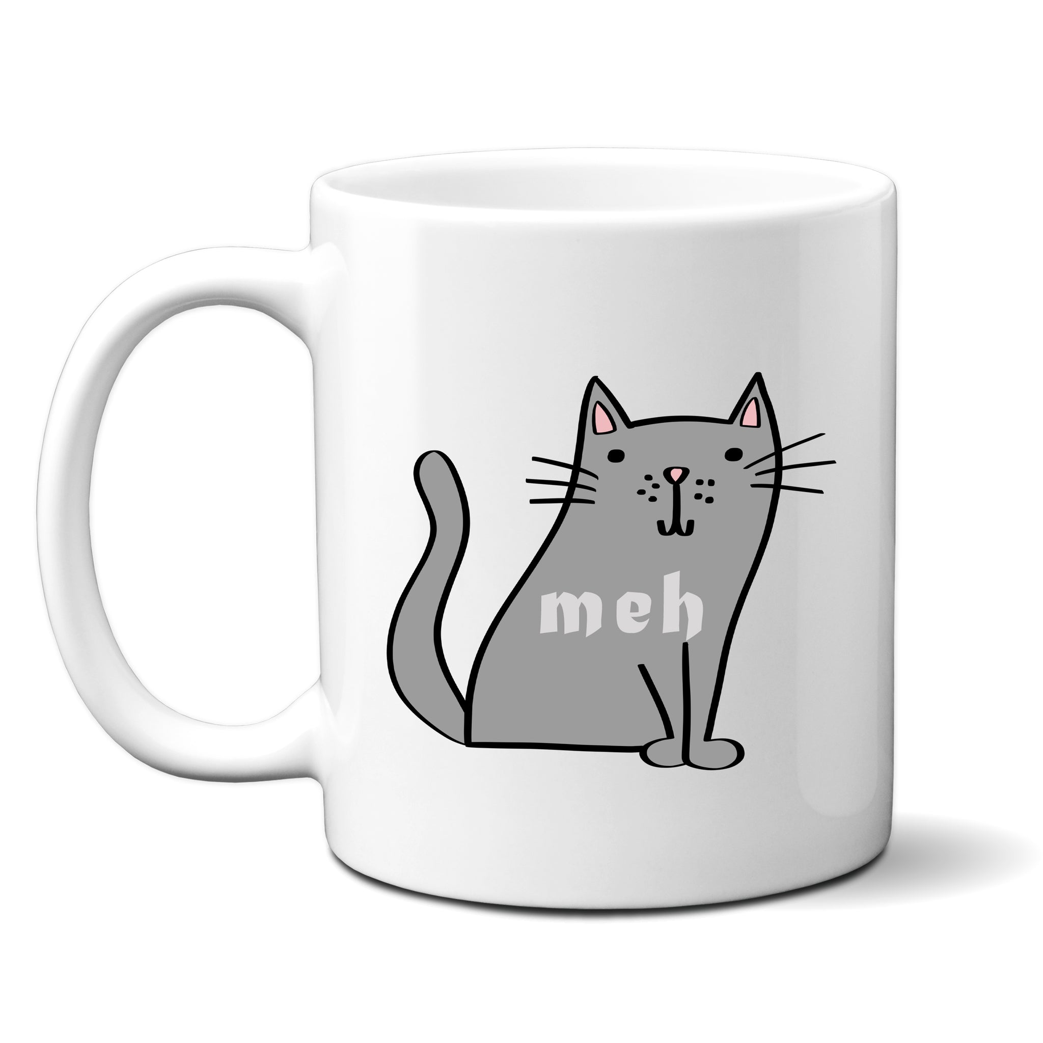 Meh, Funny Birthday Gift with Grey Cat Design, Personalised Mug